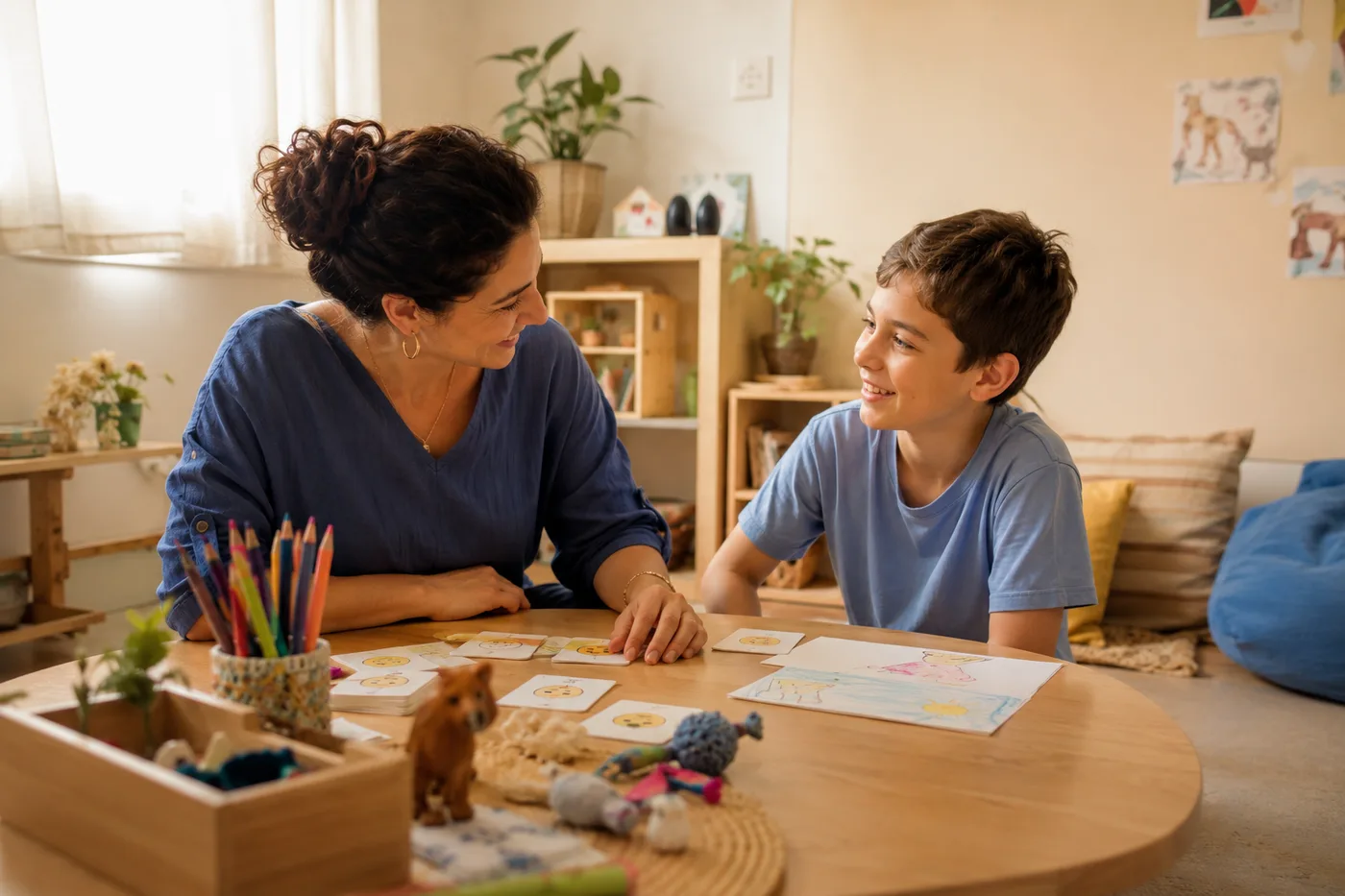 ילד ואשת מקצוע יושבים יחד סביב שולחן בחדר טיפול מואר