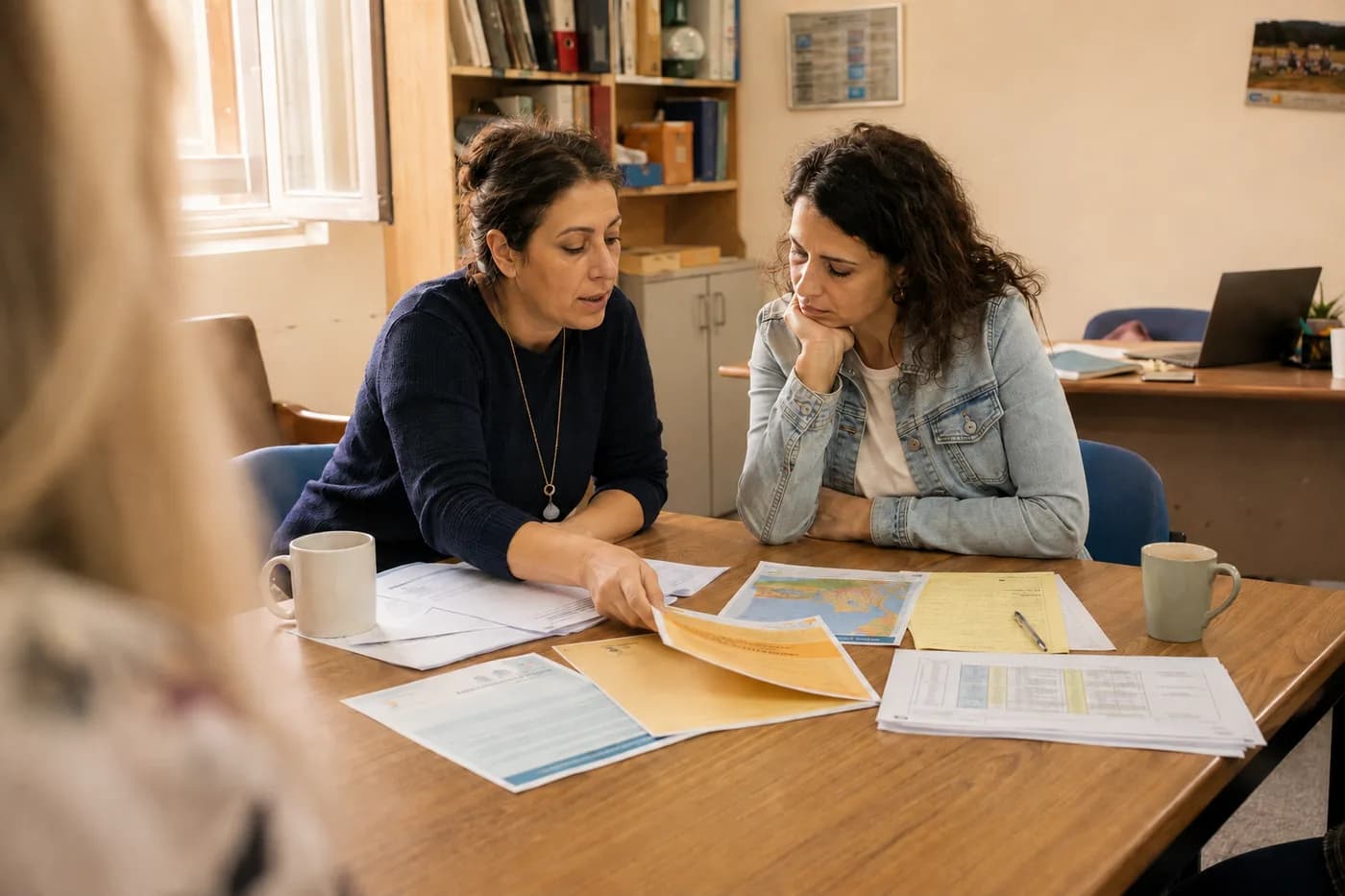 שתי נשות מקצוע יושבות יחד ובוחנות מסמכים והפניות של מקרה